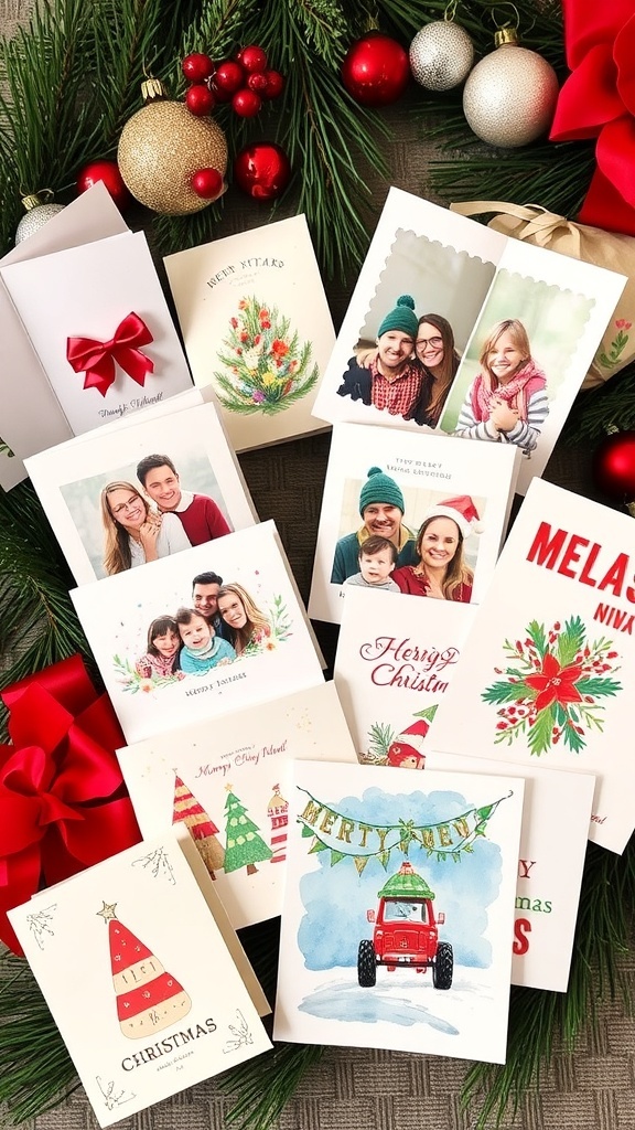 A collection of creative Christmas cards including pop-up designs, photo cards, and watercolor illustrations on a festive background.